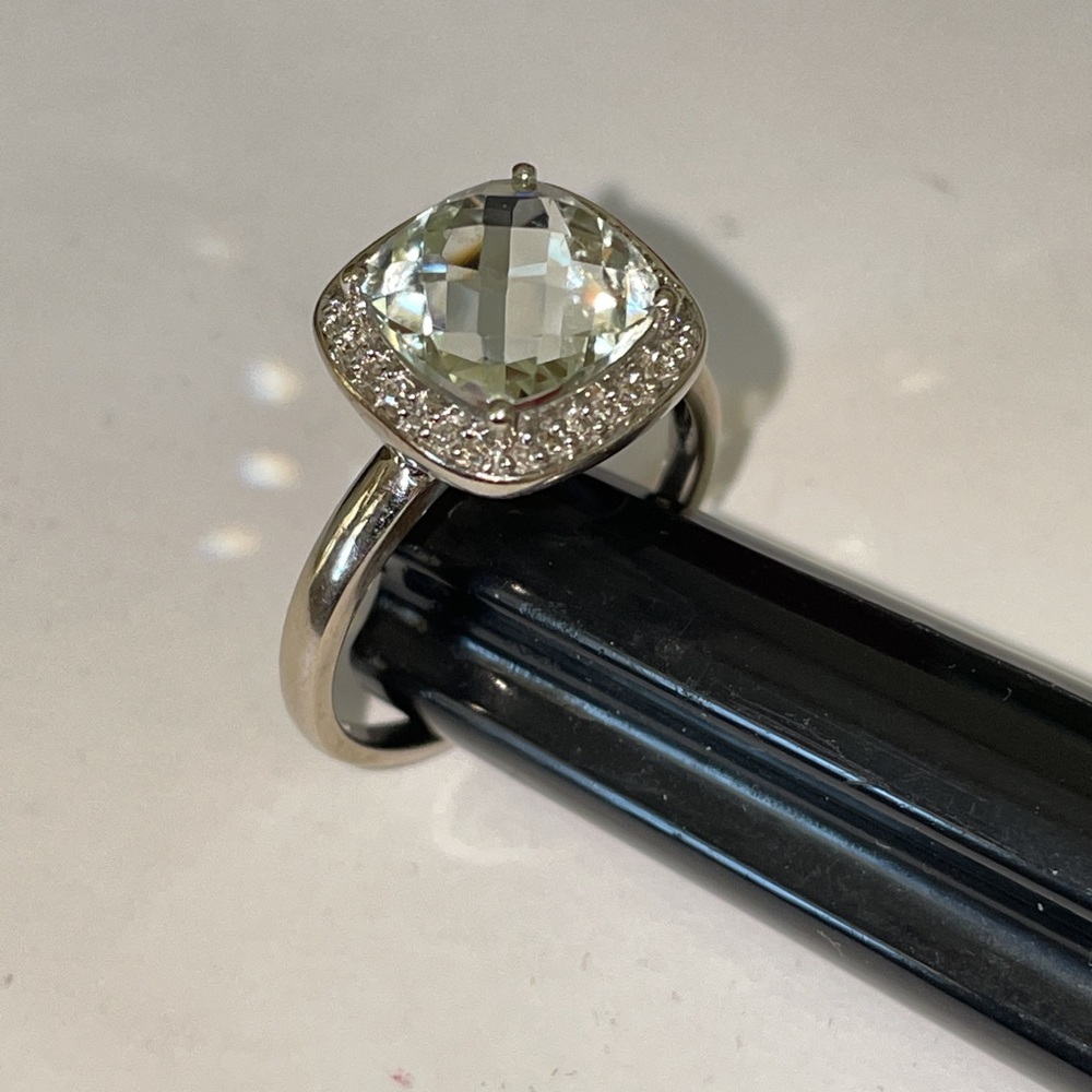 Dazzling White Gold Pale Green Prasiolite And Diamond Halo Ring - Picture 3 of 16